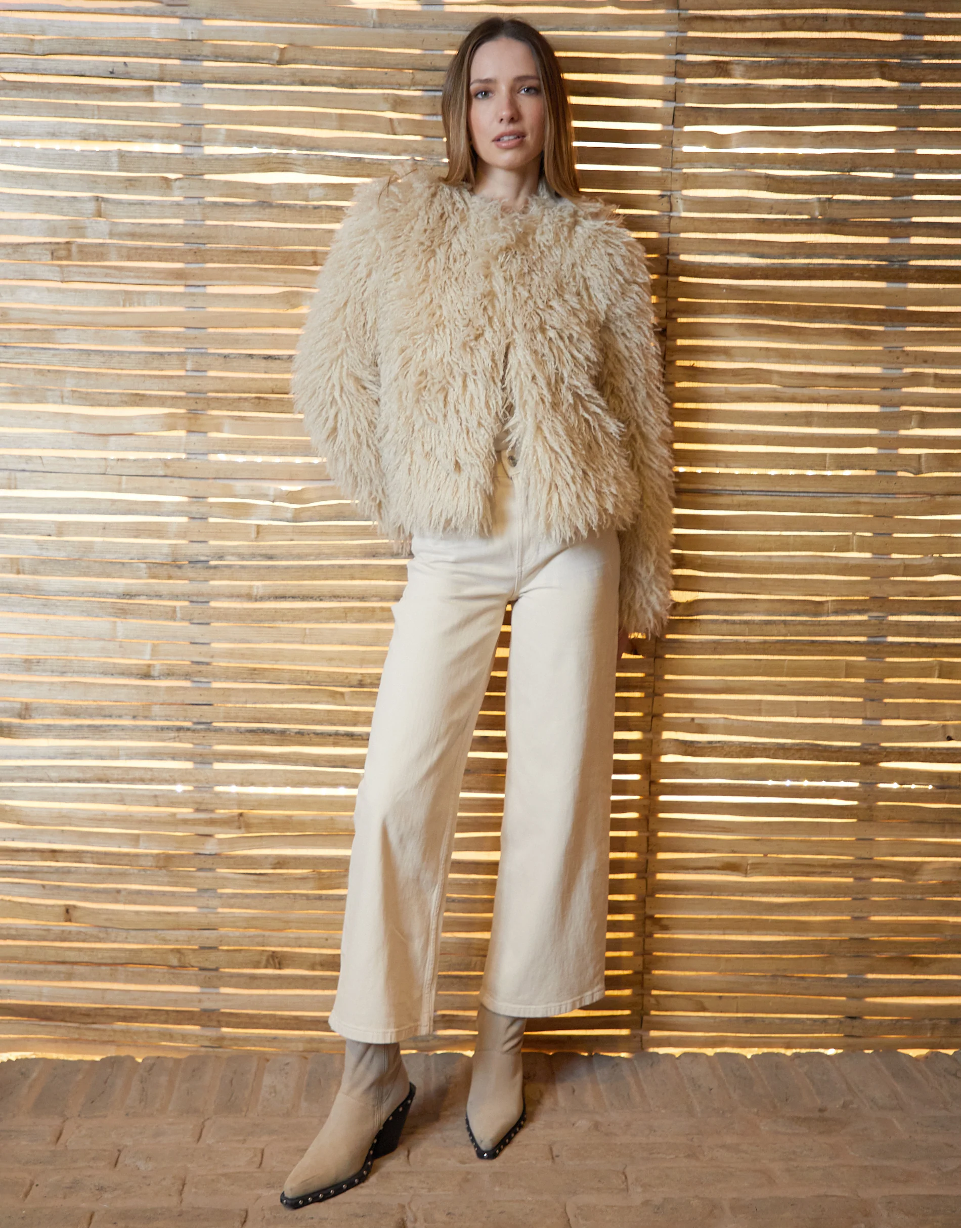 Mongolian Faux Fur Coat in Stone - Image 3