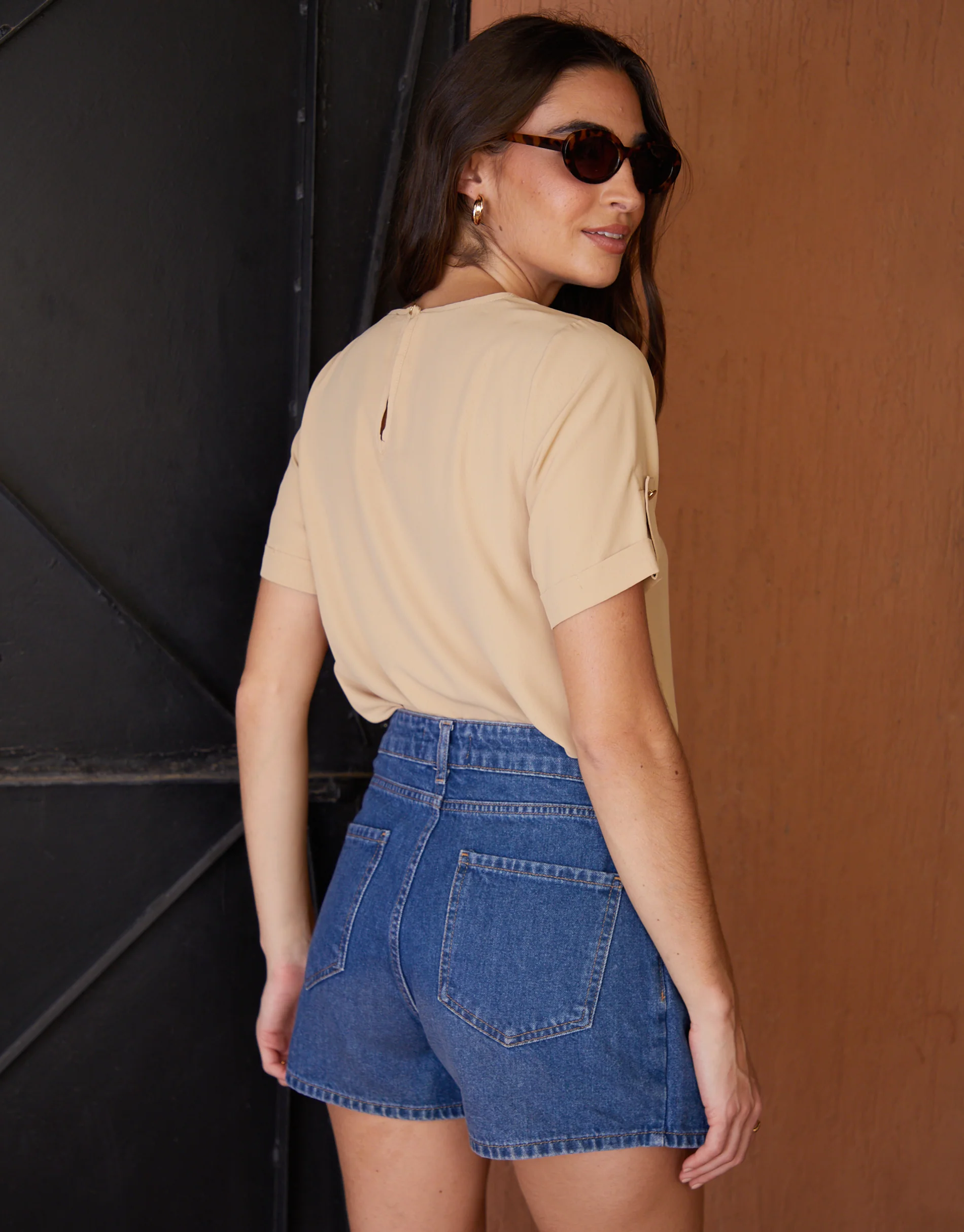Short Roll Sleeve T-Shirt Blouse in Stone - Image 2