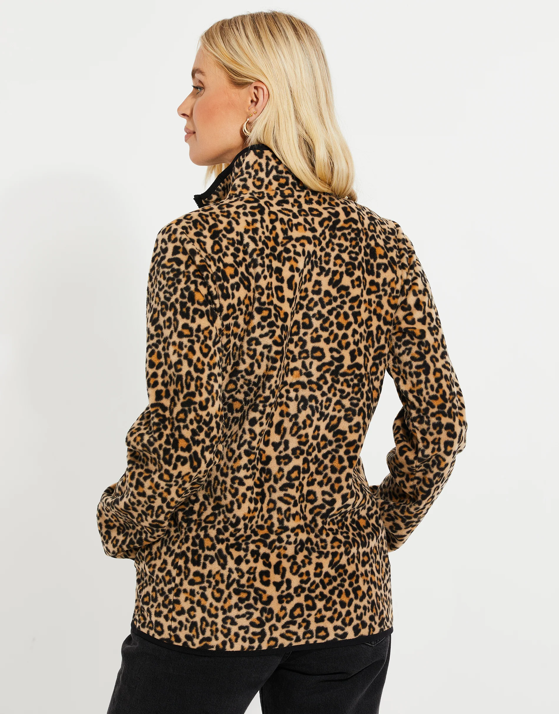 Tan Brown Zip-Through Fleece in Leopard Print - Image 3