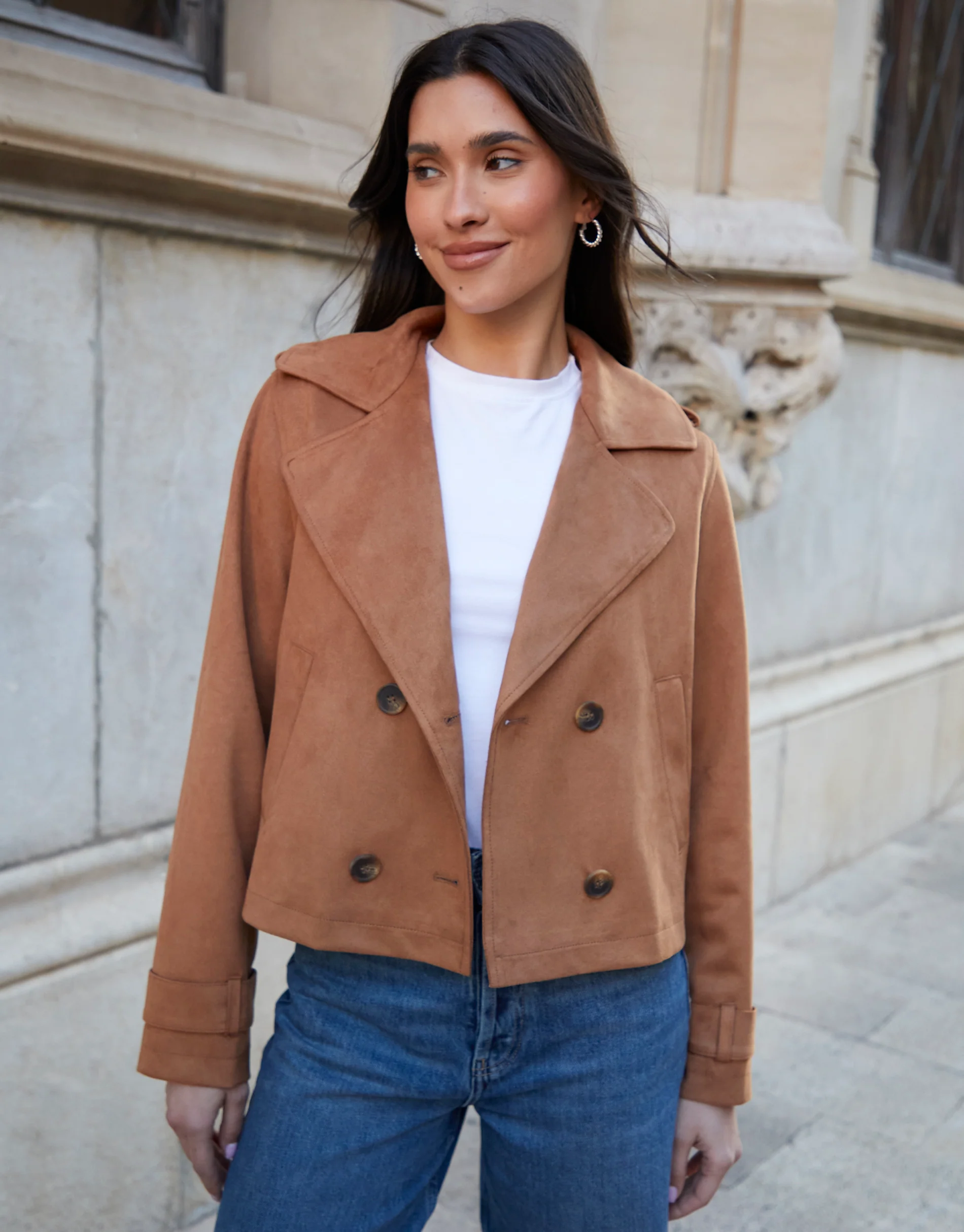 Suedette Cropped Trench Coat in Tan Brown