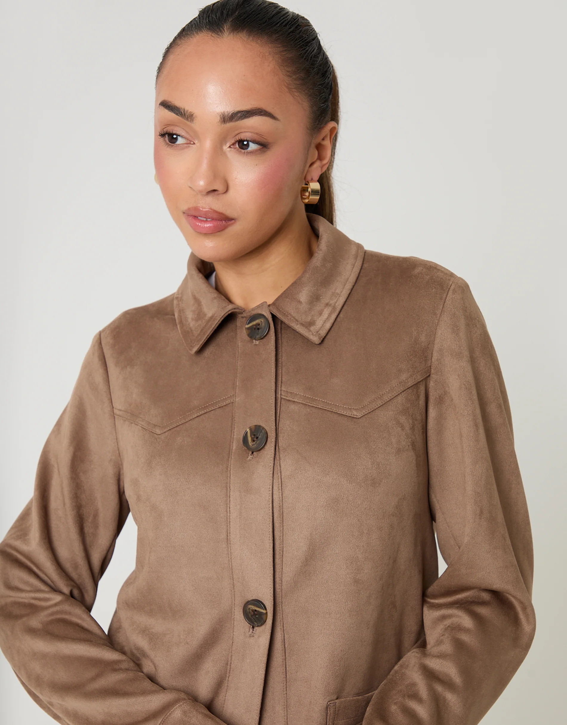 Yoke Detail Suedette Shacket in Taupe - Image 4