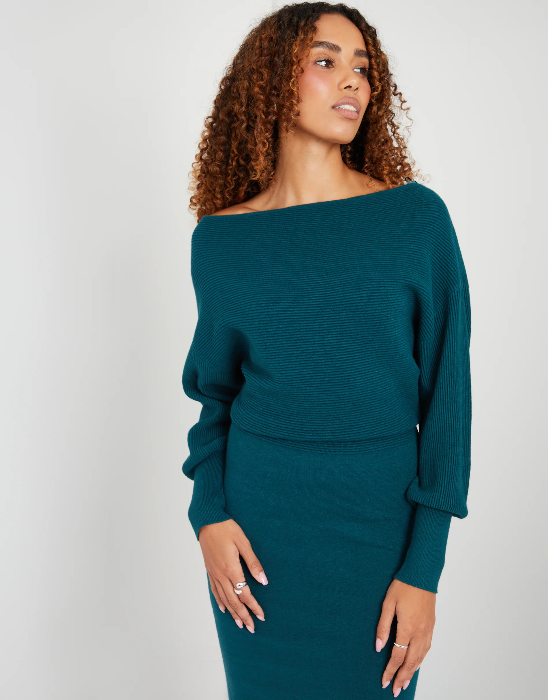 Slash Neck Knitted Dress in Teal Green - Image 4