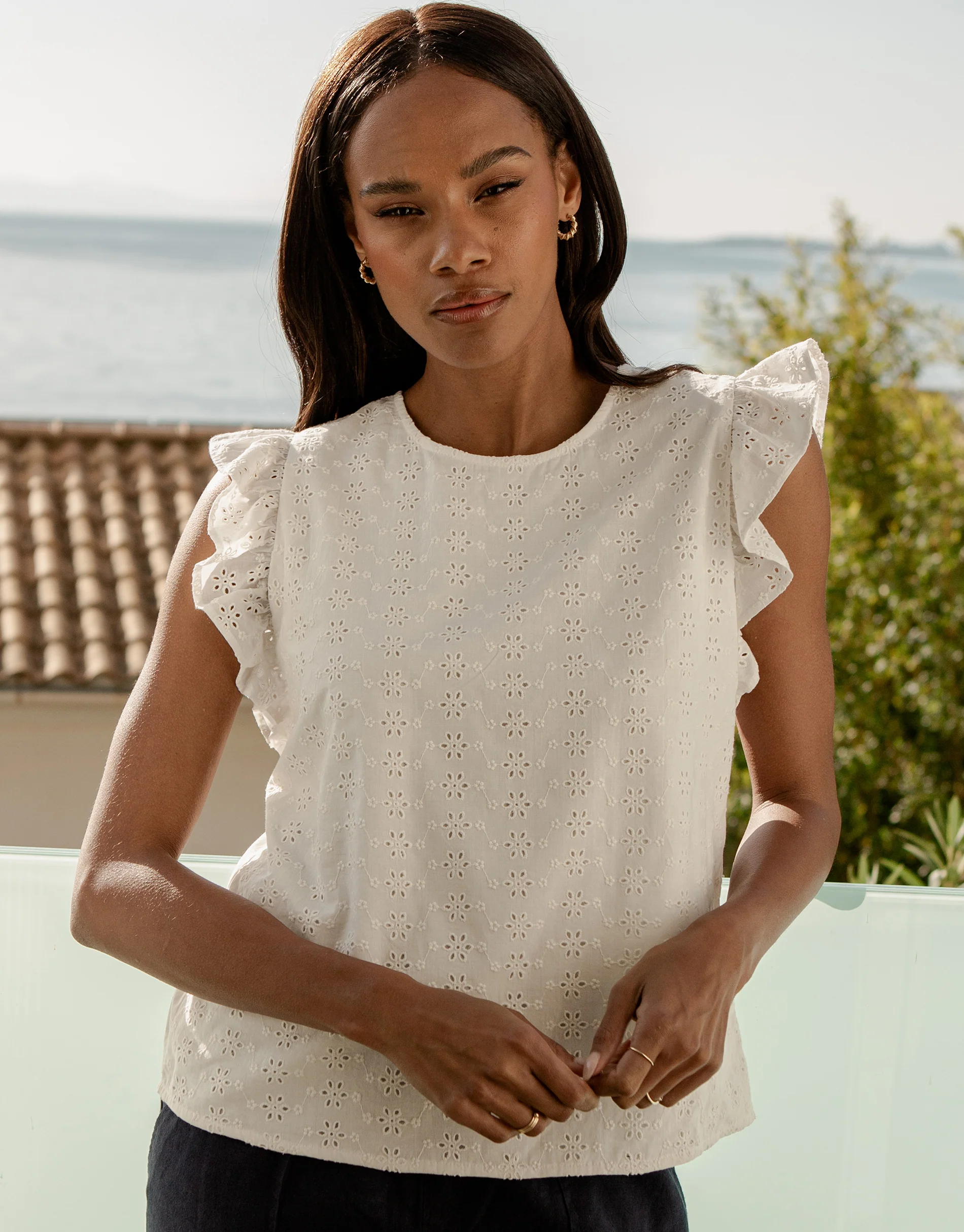 Cotton Broderie Anglaise Frill Sleeve Blouse in White - Image 4